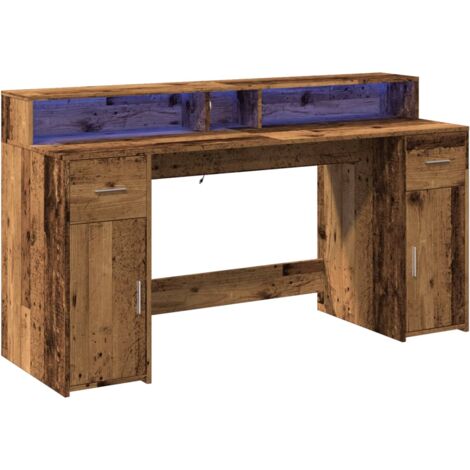 Escritorio mesa estación de trabajo muebles de computadora estudio de computadora con luces LED madera vieja madera contrachapada marrón 020023441