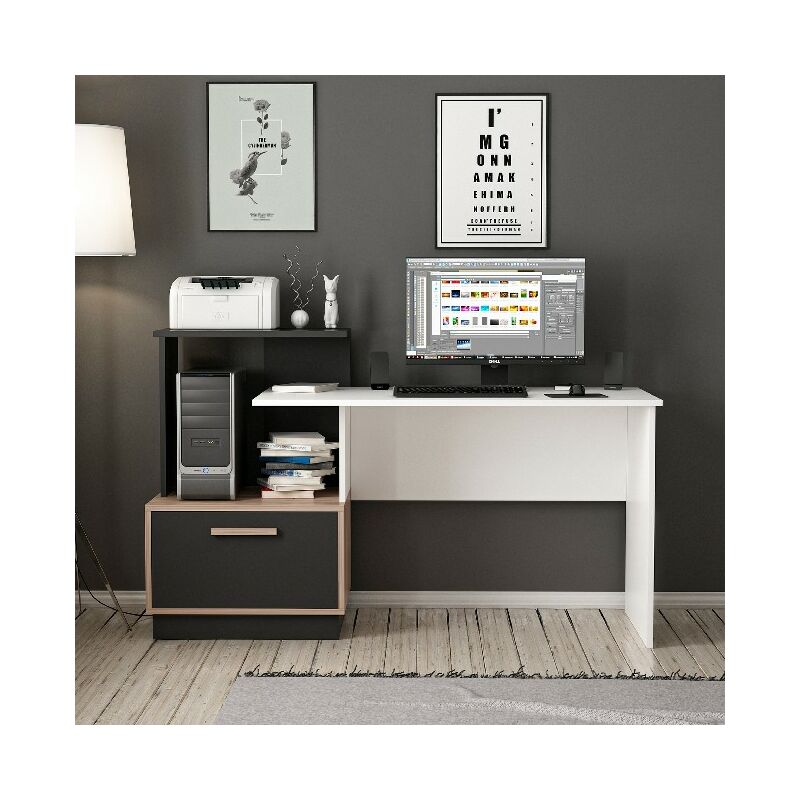 

Homemania - Escritorio Milas con estanterias - Estudio, habitacion - Blanco, Nogal, Negro en Madera, 154 x 60 x 93 cm
