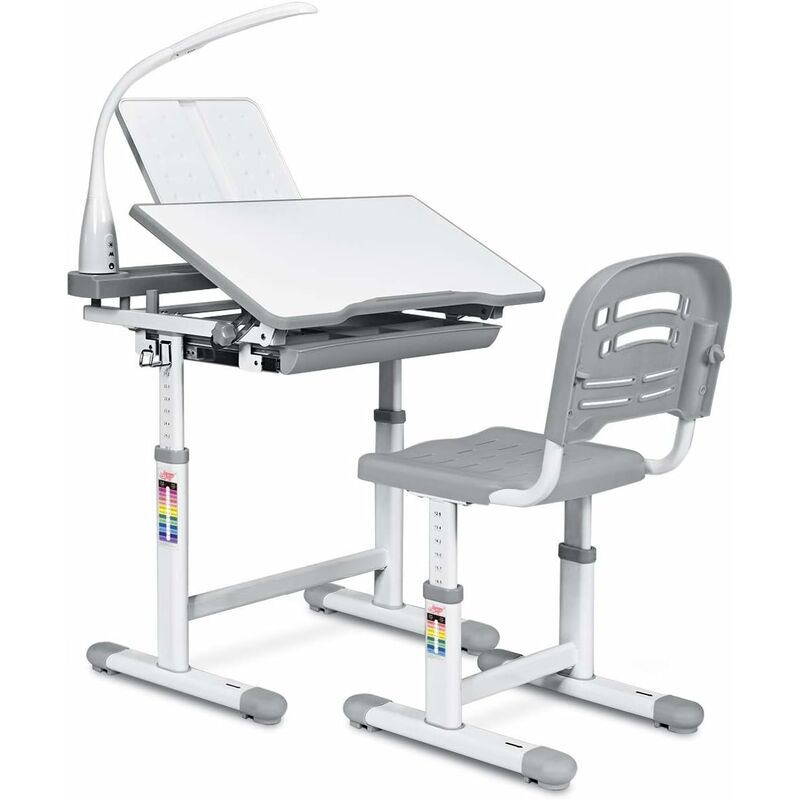 

Escritorio para Niños con Lámpara Silla Mesa de Dibujar Lectura para Infantil Ángulo y Altura Ajustable Gris