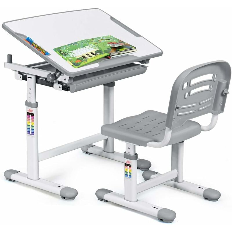 

Costway - Escritorio para Niños con Silla Mesa de Lectura para Infantil con Cajón Ángulo y Altura Ajustable (Gris)
