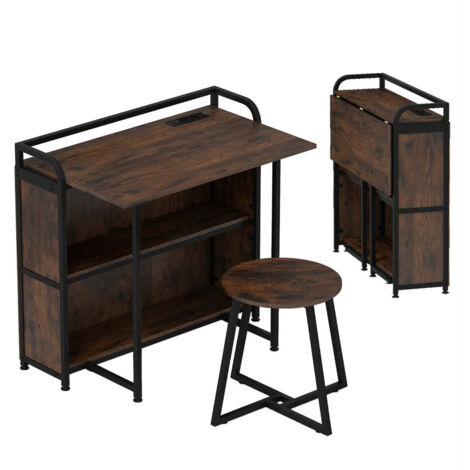 Escritorio plegable con banco de almacenaje 90 x 55 x 83 cm fuente de alimentación integrada estilo rústico madera marrón 200010937
