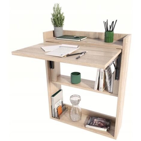 Escritorio plegable de pared Sonoma con armario, estante y librer铆a.