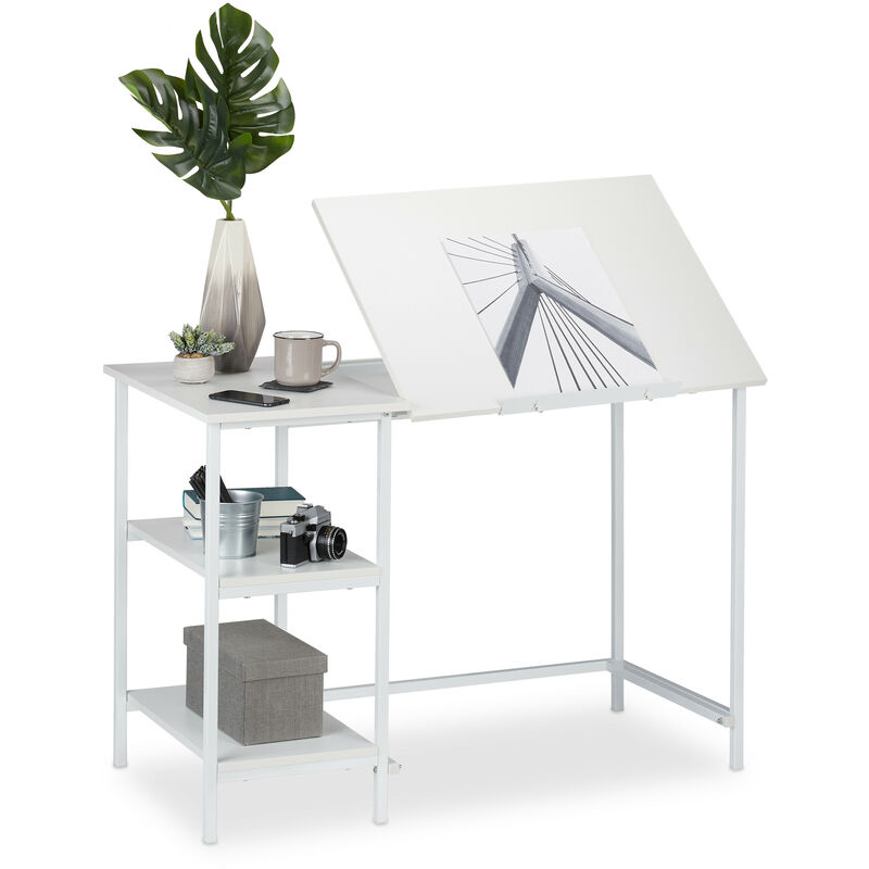 

Escritorio reclinable, Tres estantes, Ajustable, Mesa de PC, 75 x 110 x 55 cm, Blanco