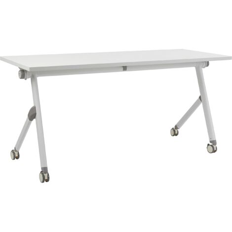 Escritorio rectangular moderno plegable con ruedas mesa móvil portátil estructura metálica 160 x 60 cm blanco Bendi