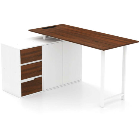 Escritorio reversible en L 138 x 104 x 74 cm con toma de corriente empotrada y 3 cajones estilo industrial madera blanca 200010900