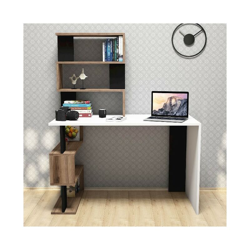 

Homemania - Escritorio Snap con Libreria, Compartimientos - para Estudio, Dormitorio - Blanco, Nogal, Negro en Madera, 120 x 60 x 148,2 cm