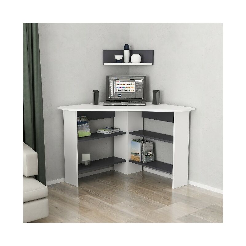 

Homemania - Escritorio Tuzzy - Rincon que ahorra espacio - con estantes, repisas - Estudio, Dormitorio - Blanco, Madera antracita, 90 x 90 x 74 cm