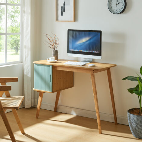 Escritorio Tysvær con compartimento 75x105x48 cm - Bambú/Azul [en.casa]
