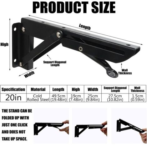 Escuadra angular plegable de 500 mm, 2 piezas, acero, capacidad de carga de 150 kg, soporte de pared plegable para garaje.