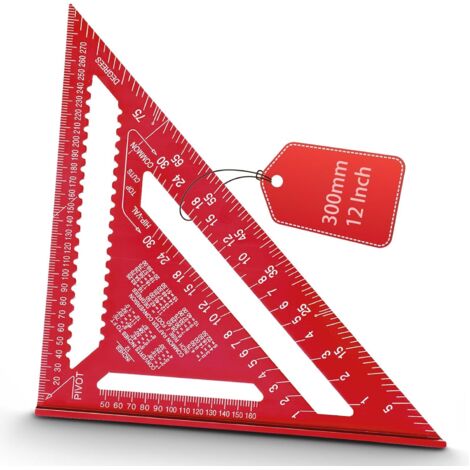 Escuadra de carpintero de aleación de aluminio de 12 pulgadas, regla triangular métrica para medición de ángulos, utilizada por carpinteros e ingenieros (roja).
