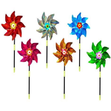 Escudos de protección contra aves multicolores con aspas brillantes [6x] Decoración giratoria de jardín de PET de 50 cm con fijación de estaca al suelo Protección reflectante del viento Granja Patio A