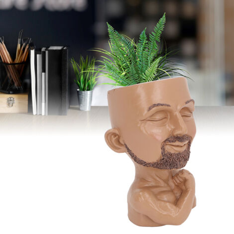 Escultura de un hombre como maceta con orificio de drenaje – escultura hecha de resina, cabeza de hombre musculoso como maceta para sala de estar o entrada, marrón café, 17 x 11 cm, 390 g