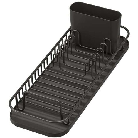 Escurreplatos compacto y pequeño con bandeja y cesta de silicona, escurreplatos multifuncional para encimera y fregadero, color negro