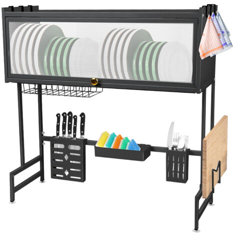 Escurreplatos de 65 x 30 x 78 cm para colocar sobre el fregadero con soporte para cuchillos, soporte para utensilios y soporte para tabla de cortar (Negro)