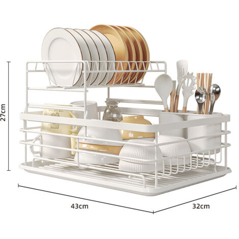 Escurridor de platos de acero inoxidable con cesta para cubiertos y bandeja recogegotas extraíble.