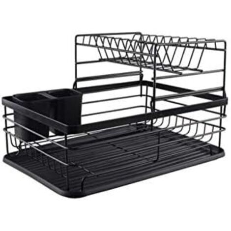 Escurridor de platos de acero inoxidable con cesta para cubiertos y bandeja recogegotas extraíble.