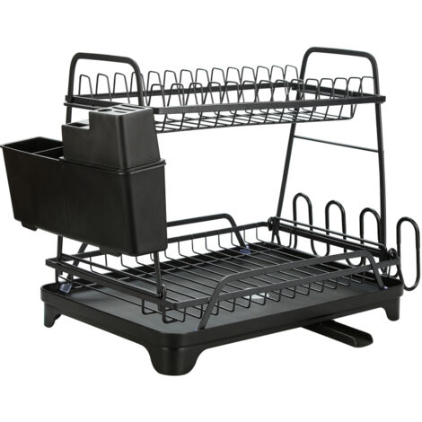 Escurridor de platos de acero inoxidable de 2 niveles, gran capacidad, con soporte para utensilios, soporte para tazas, bandeja de drenaje extraíble y boquilla giratoria ajustable (negro)