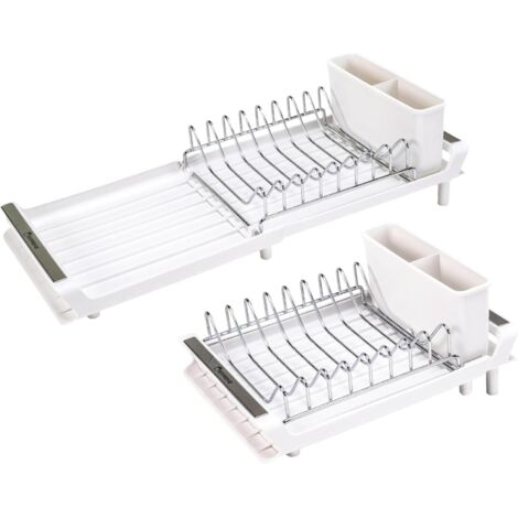 Escurridor de platos de acero inoxidable, escurridor de platos plegable para cocina, longitud de 29 a 47 cm, ancho de 20 cm, blanco.