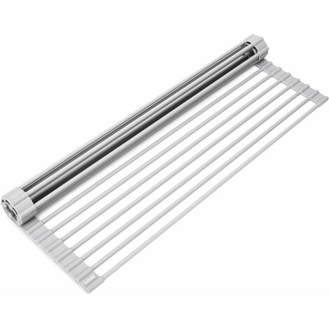 Escurridor de platos enrollable versátil sobre el fregadero (gris cálido, grande - 20.5 x 13.1) Adecuado para fregadero de acero inoxidable, gris, 20.5 x 13.1 pulgadas, estante enrollable para secar p