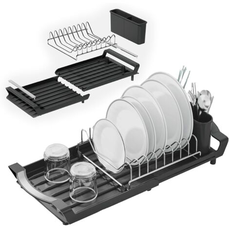 Escurridor de platos extensible con soporte para cubiertos extraíble, escurridor extensible para encimera de cocina, negro.
