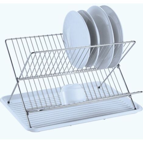 Escurridor de platos plegable con bandeja en acero cromado blanco.