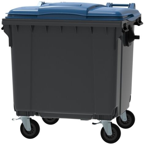 ESE France Conteneur Poubelle à déchets 4 roues - 1100L - Robuste et Professionnel - 100% Recyclé - Gris avec Couvercle Bleu