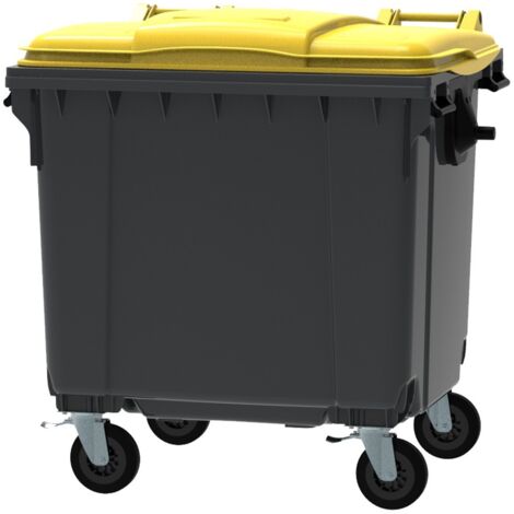 ESE France Conteneur Poubelle à déchets 4 roues - 1100L - Robuste et Professionnel - 100% Recyclé - Gris avec Couvercle Jaune