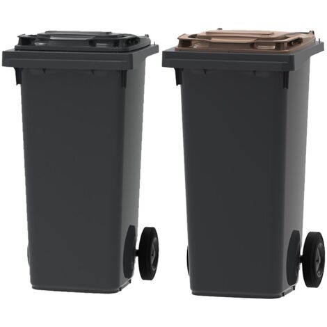 ESE France Lot de 2 Conteneurs Poubelles à déchets 2 roues - 120L - 100% Recyclé - Gris avec Couvercle Gris et Marron - Fabriqué en France
