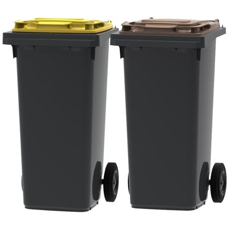 ESE France Lot de 2 Conteneurs Poubelles à déchets 2 roues - 120L - 100% Recyclé - Gris avec Couvercle Jaune et Marron - Fabriqué en France