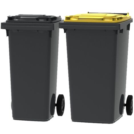 ESE France Lot de 2 Conteneurs Poubelles à déchets 2 roues - 120L & 240L - 100% Recyclé - Gris avec Couvercle Gris et Jaune - Fabriqué en France