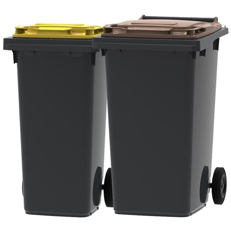 France Lot de 2 Conteneurs Poubelles à déchets 2 roues - 120L & 240L - 100% Recyclé - Gris avec Couvercle Jaune et Marron - Fabriqué en France - ESE