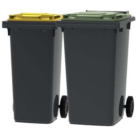 ESE France Lot de 2 Conteneurs Poubelles à déchets 2 roues - 120L & 240L - 100% Recyclé - Gris avec Couvercle Jaune et Vert - Fabriqué en France