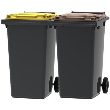 ESE France Lot de 2 Conteneurs Poubelles à déchets 2 roues - 240L - 100% Recyclé - Gris avec Couvercle Jaune et Marron - Fabriqué en France