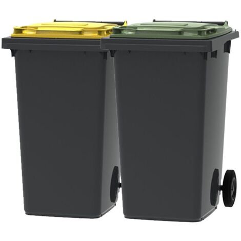 ESE France Lot de 2 Conteneurs Poubelles à déchets 2 roues - 240L - 100% Recyclé - Gris avec Couvercle Jaune et Vert - Fabriqué en France