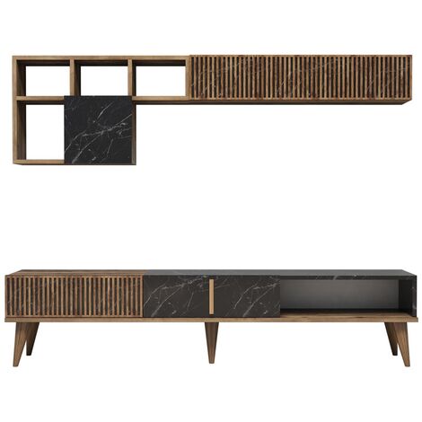 Esemble meuble TV en bois noyer et noir effet marbre Roma 180cm