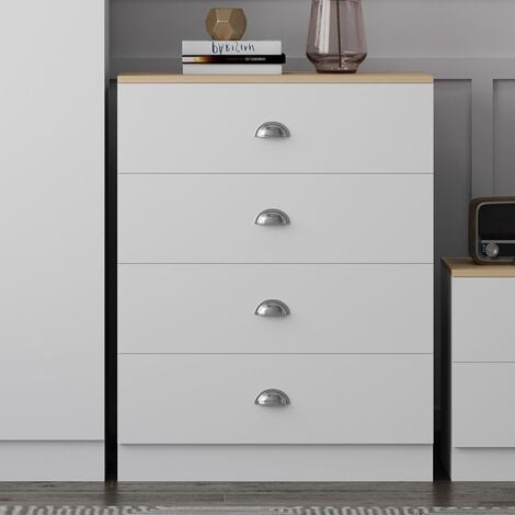 Esher 4 Drawer Chest Of Drawers Matt White Finish With Light Oak Top Sideboard