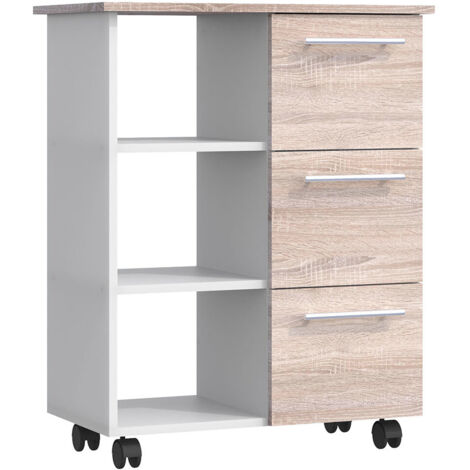 Esilo module de cuisine sur roulettes blanc, décor chêne.