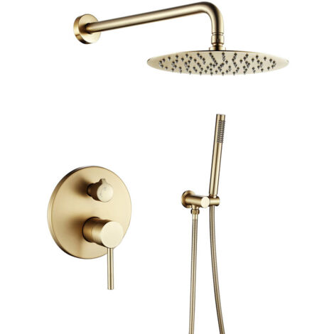Esip – Colonne de douche encastrée en or brossé – Pommeau 10 pouces effet pluie – Tuyau inox 1,5m – Système à 2 fonctions avec douchette