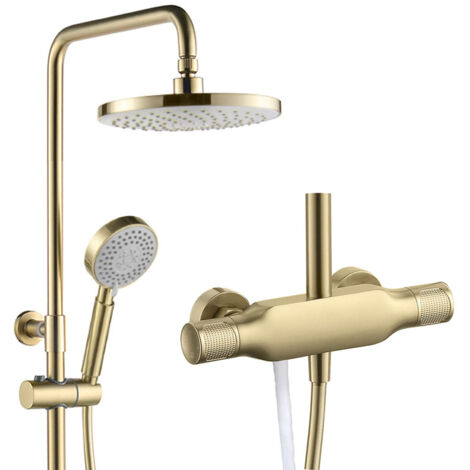 Esip – Colonne de douche murale or brossé – Mitigeur laiton massif – Pommeau 23cm à 3 jets – Hauteur réglable – Installation facile