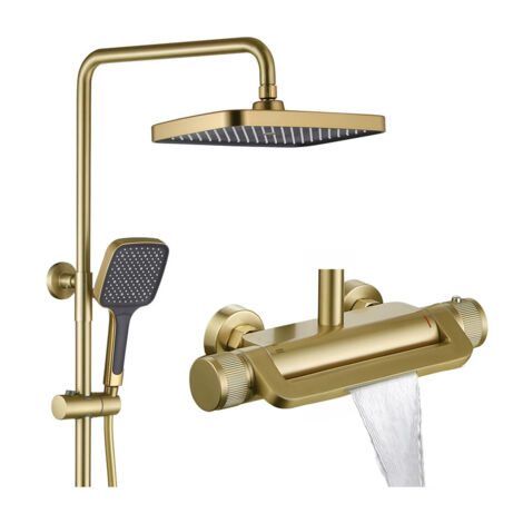 Esip – Colonne de douche thermostatique dorée – Système mural 3 fonctions – Pomme de douche effet pluie 33x22cm – 3 modes de jet – Robinet en laiton