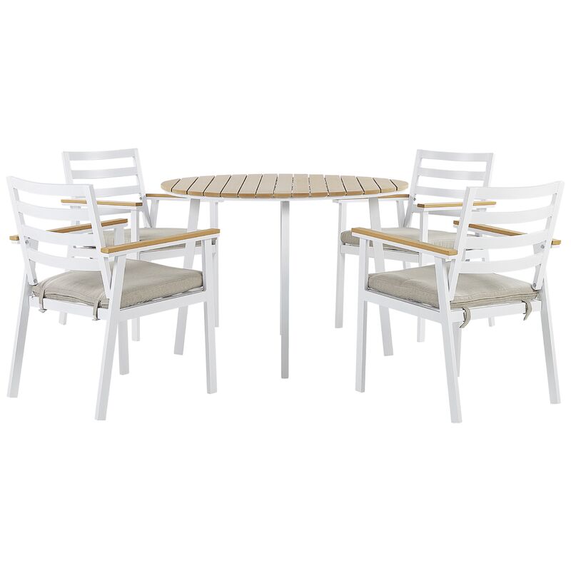 Ensemble de Salle à Manger de Jardin Blanc avec Coussins Beiges Table en Aluminium 4 Chaises Cavoli - Bois clair