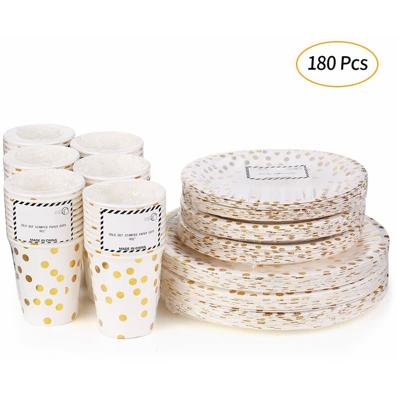 

60 vasos de papel de 9 oz + 60 platos de 7 pulgadas + 60 platos de 9 pulgadas Juego de 180 vasos y vajilla desechables con platos redondos de lunares
