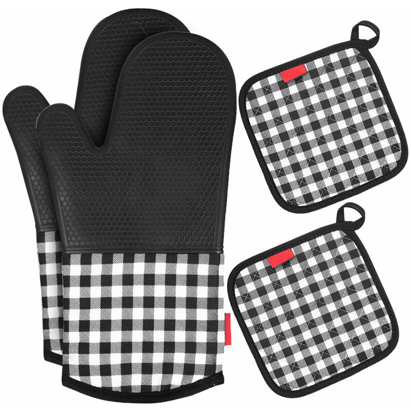 

Guantes de silicona resistentes al calor para horno, guantes antideslizantes para horno + 2 soportes para ollas de algodon para cocinar en la cocina,