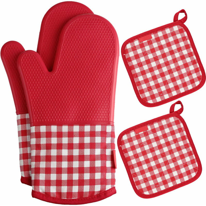 Heat Resistant Silicone Oven Gloves Non-Slip Oven Mitts + 2 Cotton Pot Holders for Kitchen Cooking Baking Grilling Barbecue--Red Plaid,model:Red