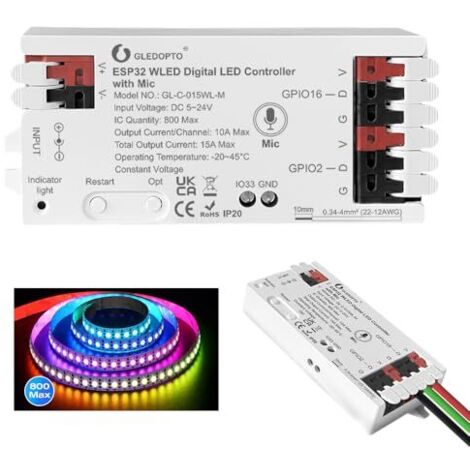 ESP32 WLED LED Strip Controller with Mic Microphone 5-24V Music Dynamic Mode RGB IC DIY Lighting App Control Strip Light for WS2811 WS2812 SK6812 TM1814 WS2813 WS2815 (015WL with Mic) [Energy Class G]