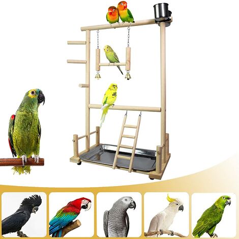 Espace de Jeu en Bois pour Oiseau, Perchoir en Bois pour Perroquet, Cage Perroquet Jouet avec Cloches, Bois Balançoire Échelle, Gobelet à Nourriture d'oiseaux, Plateau, 36 x 23 x 57 CM