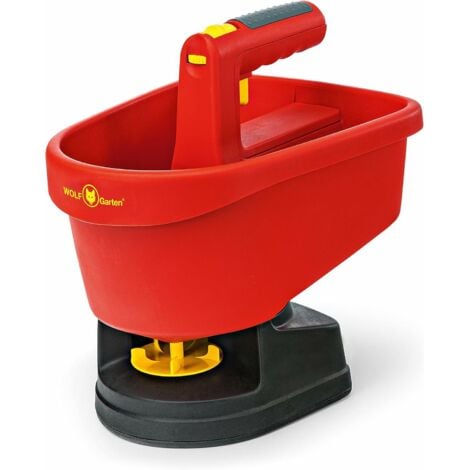 WOLF-GARTEN Esparcidor de semillas y fertilizantes Wolf Garten WE-B, capacidad de 3L, ancho de esparcido ajustable de 0,5 a 2,5 m, operación con una sola mano, alimentado por baterías AA (no incluidas).