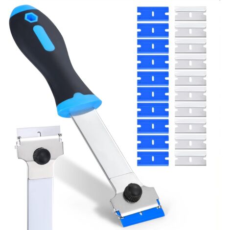 Espátula de limpieza azul de mango largo, 10 cuchillas metálicas + 10 cuchillas de plástico de repuesto, para placas de cocina, pintura, azulejos y vidrio.