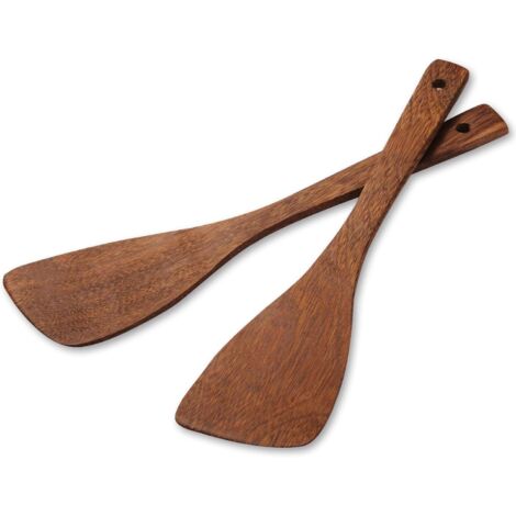 Espátula de madera para utensilios de cocina antiadherentes, juego de utensilios de cocina de madera, espátula angular de mango largo, saludable y resistente a la humedad (2 piezas)