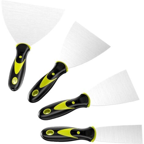 Espátula para yeso KZQ de 4 piezas, espátula para pintura de acero inoxidable, espátula con mango de plástico, espátula para yeso con orificio para colgar, para rellenar y quitar papel tapiz